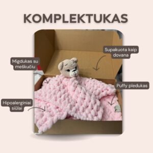 Komplektukas kūdikiui „Su 🤍 Railė“ – Puffy pledukas + migdukas su meškučiu